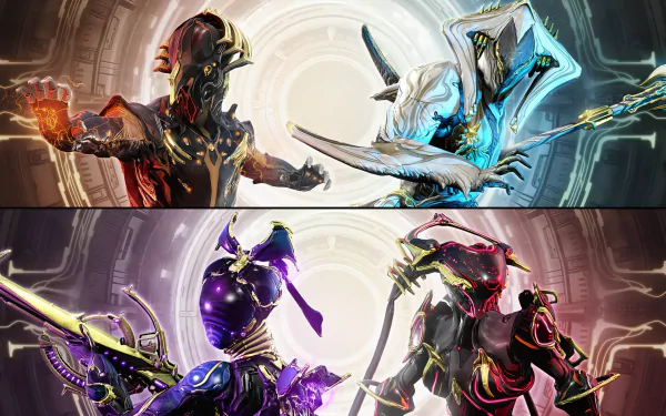 A dynamic composition featuring Warframe characters Volt, Nova, Trinity, and Loki in a striking HD desktop wallpaper.