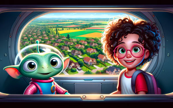 HD wallpaper featuring a cartoon boy and an alien looking out of a spaceship window at a picturesque landscape.
