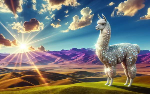 Alpaca standing on a grassy hill with a vibrant sunset over mountainous landscape, HD desktop wallpaper and background.