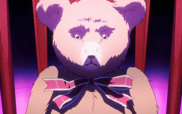 Anime character resembling a panda from the 2023 adaptation of Pluto, showcased in an HD desktop wallpaper with a vibrant pink and purple background.