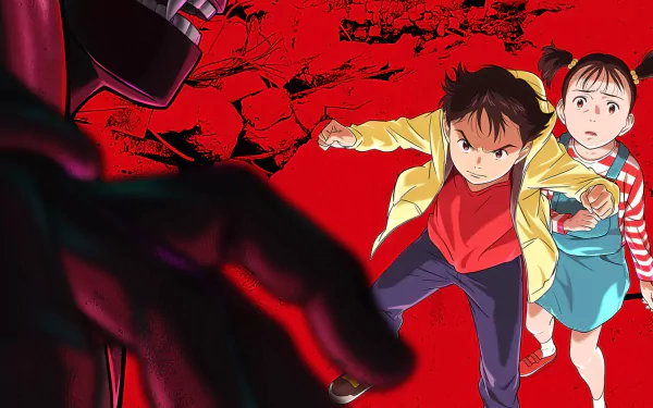 HD desktop wallpaper featuring characters from the 2023 anime series Pluto, with a striking red background.