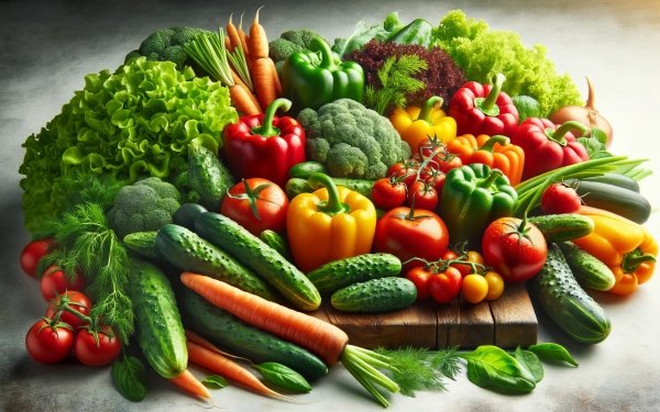 HD desktop wallpaper featuring an assortment of fresh vegetables including carrots, peppers, tomatoes, and cucumbers.