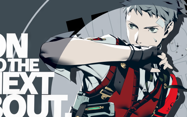 Persona 3 Reload video game character in stylized HD desktop wallpaper with dynamic pose and abstract background.