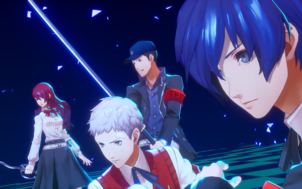 HD wallpaper featuring characters from Persona 3 Reload video game, set against a vivid blue digital background ideal for desktop backgrounds.