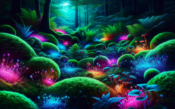 A vibrant moss garden illuminated by glowing fungi and colorful plants, set in a serene forest. This HD wallpaper captures a magical, enchanting atmosphere.