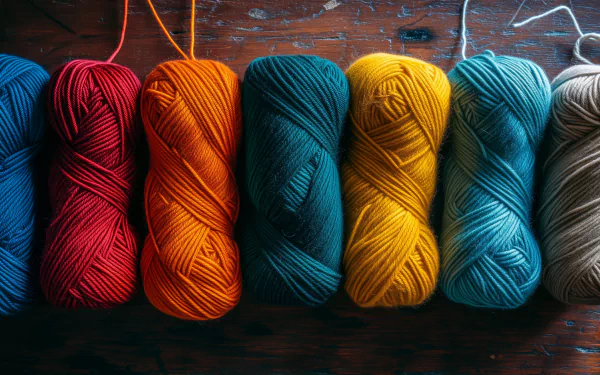A vibrant assortment of yarn in red, orange, yellow, teal, and beige, displayed neatly on a wooden surface, creating a colorful and inviting desktop wallpaper.