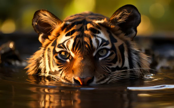 HD wallpaper of a majestic tiger swimming underwater with only its head above the surface, highlighted by warm sunlight.