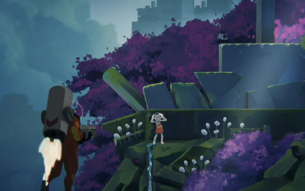 HD desktop wallpaper featuring a scene from the video game 'The Cub' with a character in a jetpack hovering over a lush, alien terrain with vibrant purple flora.