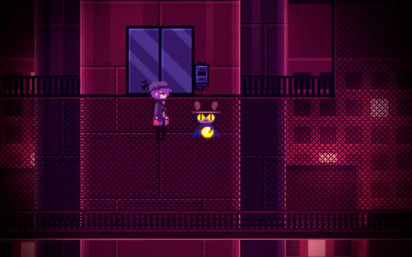 HD desktop wallpaper of OneShot video game featuring main character and glowing yellow cat-like creature in a dimly lit, futuristic setting.