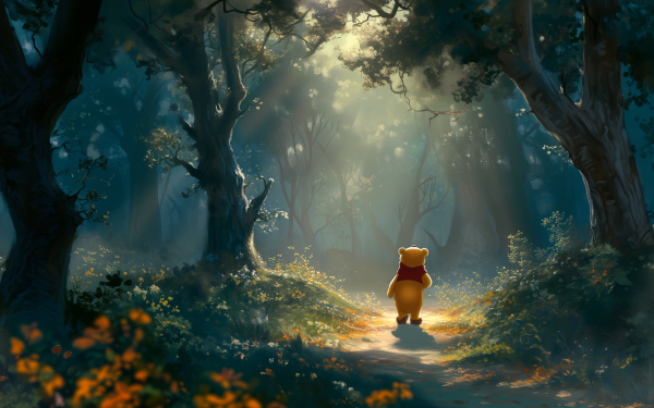 HD wallpaper of Winnie the Pooh walking through the Hundred Acre Wood in a serene, sunlit forest setting, perfect for a TV show-themed desktop background.