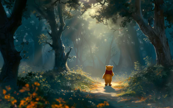 A serene HD desktop wallpaper featuring Winnie the Pooh walking through a sunlit forest, surrounded by lush greenery and enchanting light filtering through the trees.