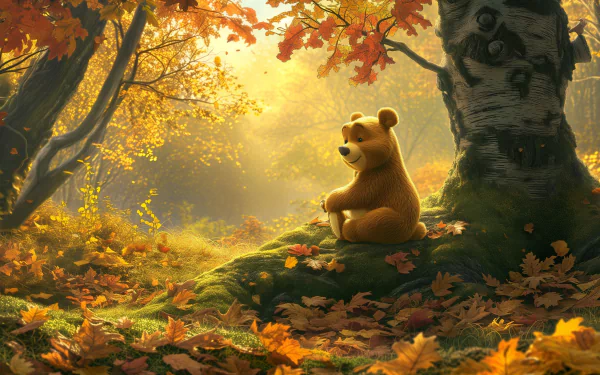 A serene HD wallpaper featuring Winnie the Pooh sitting in a tranquil forest surrounded by vibrant autumn leaves, capturing the warmth of nature and childhood nostalgia.
