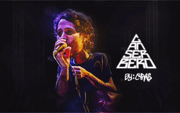 HD wallpaper featuring a vibrant artistic rendition of a musician performing on stage with the stylized text 'Canserbero' for music fans' desktop background.