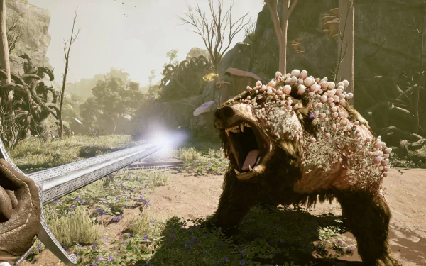 HD wallpaper of 'Avowed' video game featuring an intense battle scene with a fearsome monster being targeted by a magical force.