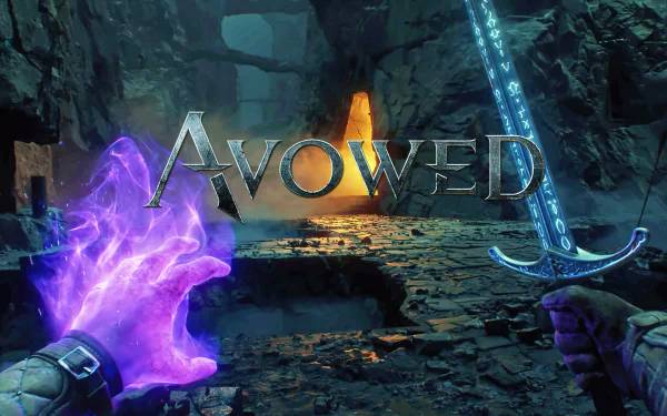 HD desktop wallpaper featuring Avowed video game with a glowing purple hand spell and a sword in a mystical cave setting.