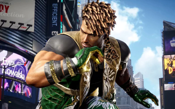 HD wallpaper of Eddy Gordo from Tekken 8 video game, featuring the character in dynamic fighting pose with cityscape background.