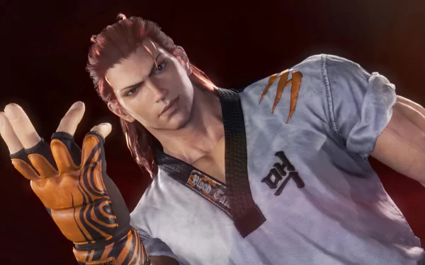 HD desktop wallpaper featuring Hwoarang from Tekken 8, posing with a confident gesture.