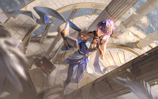 HD wallpaper featuring Dr. Ratio from Honkai: Star Rail video game with dynamic pose against an architecturally intricate background.