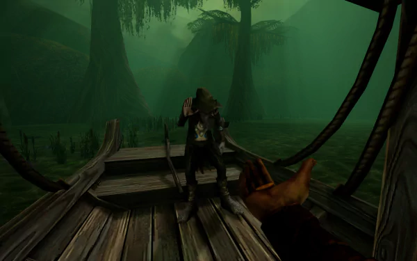 HD desktop wallpaper featuring a Graven video game scene with a character on a misty swamp boat ride.