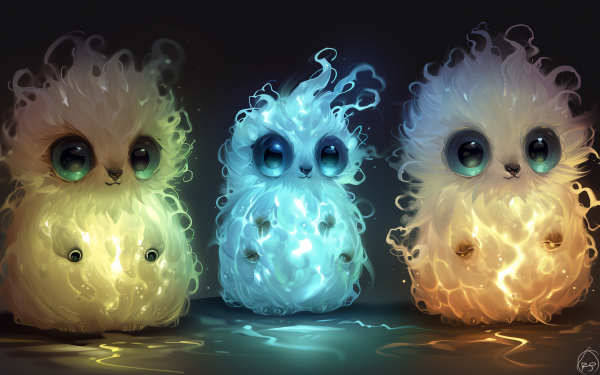 HD desktop wallpaper featuring three cute, fluffy creatures glowing in yellow, blue, and white, perfect for adding a touch of whimsy to your background.