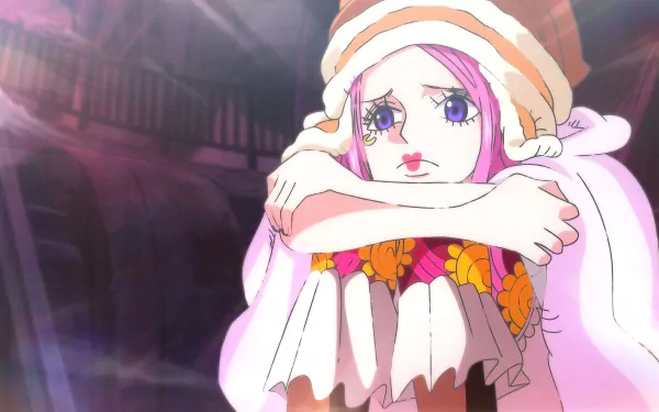 HD wallpaper of Jewelry Bonney from the anime One Piece, featuring the character in a thoughtful pose with a colorful outfit and striped hat.