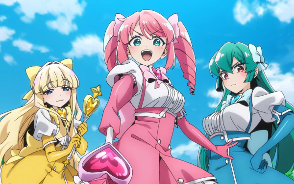 Colorful HD wallpaper featuring three magical girls, showcasing vibrant characters dressed in hero outfits against a bright blue sky, celebrating the charm of the anime genre.