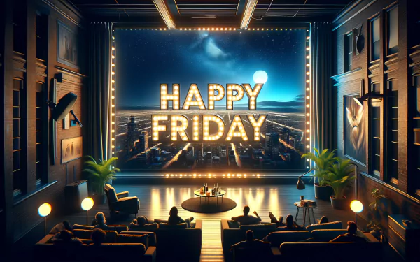 HD desktop wallpaper featuring a theater-inspired 'Happy Friday' message with a starry night sky background.