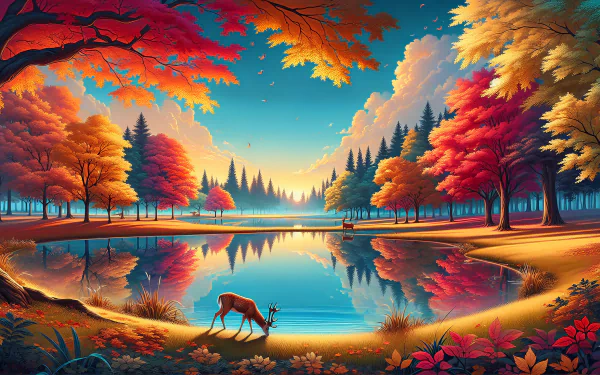 HD autumn desktop wallpaper featuring a scenic view of a tranquil lake, colorful fall trees, and a deer drinking water.