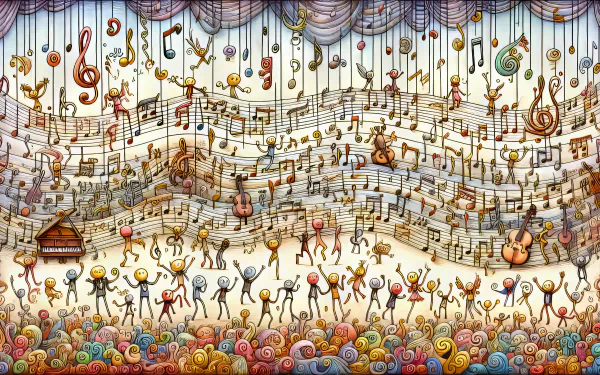 HD desktop wallpaper featuring a whimsical, colorful illustration of sheet music with animated musical notes and characters.