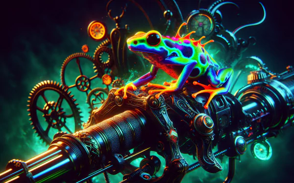 A vibrant poison dart frog perches on a steampunk-inspired contraption with intricate gears, creating a striking and colorful HD desktop wallpaper.