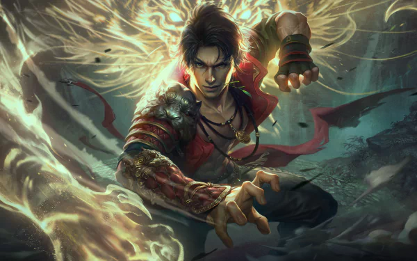 HD wallpaper featuring a dynamic pose of a character from Naraka: Bladepoint video game for desktop background.