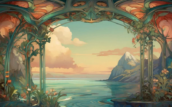 A vibrant HD desktop wallpaper depicting a serene paradise scene, featuring ornate arches, lush flowers, and a tranquil sea under soft clouds and a majestic mountain backdrop.