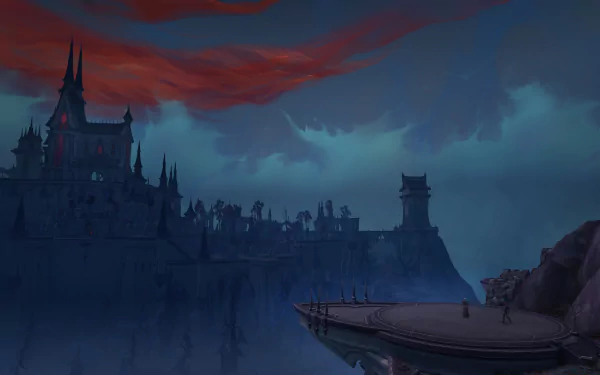 World of Warcraft: Shadowlands HD desktop wallpaper featuring a foreboding gothic castle under a vibrant red sky.