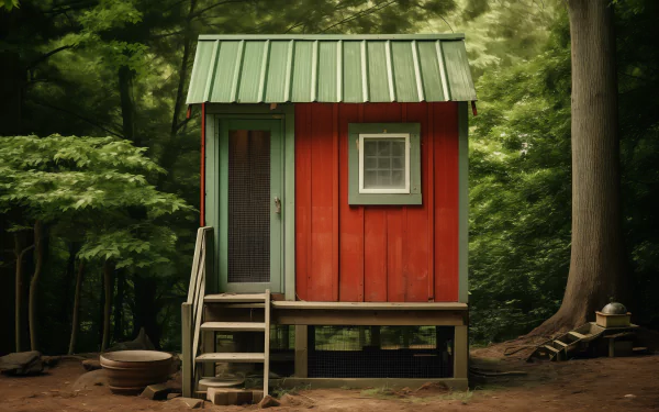 A vibrant red and green chicken coop nestled among trees, showcasing rustic charm. This HD desktop wallpaper captures the essence of a serene, woodland environment.
