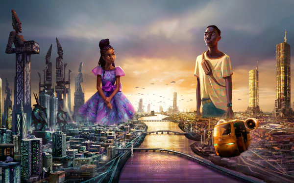 HD wallpaper featuring characters from the TV show Iwájú standing in a futuristic city at sunset for desktop background.