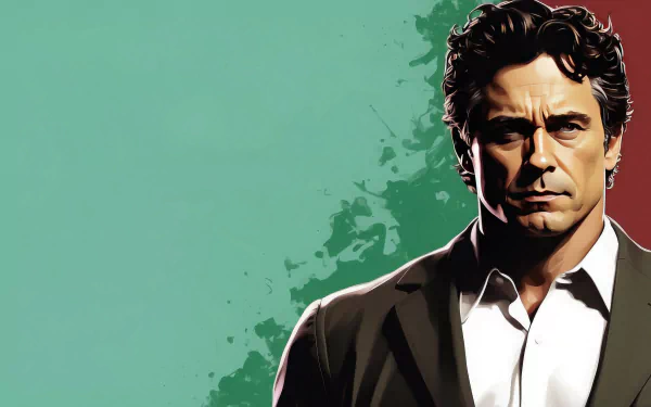 HD desktop wallpaper featuring an illustrated Bruce Banner in a suit with a stylized green and red background.