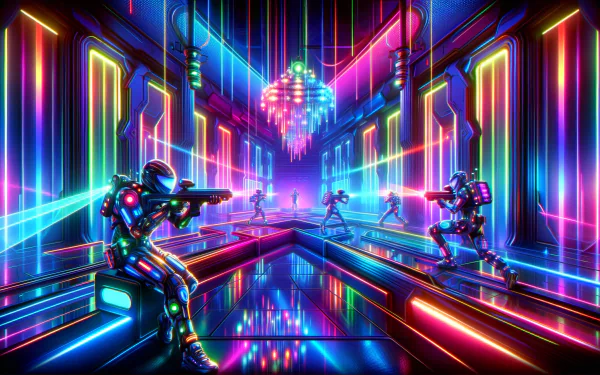 HD desktop wallpaper featuring an animated laser tag game with vibrant neon lights and futuristic players in an illuminated arena.