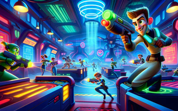 Vibrant HD wallpaper of an animated laser tag game with players in a futuristic arena for desktop background.