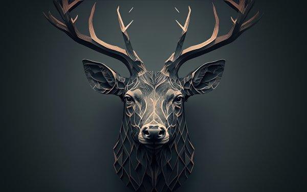 HD desktop wallpaper featuring a geometric illustration of a deer with antlers on a dark background.