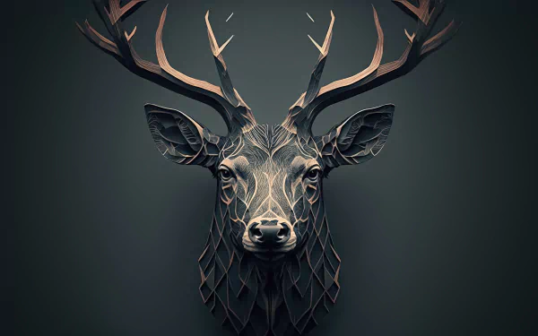 HD desktop wallpaper featuring a geometric illustration of a deer with antlers on a dark background.