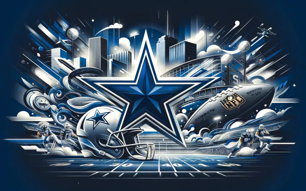 Dynamic HD desktop wallpaper featuring Dallas Cowboys' iconic star logo with a stylized football and Super Bowl elements, capturing the excitement of NFL sports.