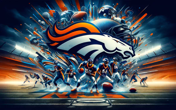 A dynamic HD wallpaper featuring the Denver Broncos' logo, surrounded by players in action, capturing the spirit of NFL football and the excitement of the Super Bowl.