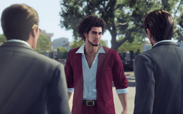 HD wallpaper featuring a tense moment from Yakuza: Like a Dragon video game with main character standing defiantly.