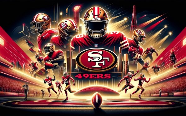 HD desktop wallpaper featuring dynamic artwork of the San Francisco 49ers, an NFL team, with players in action poses celebrating the spirit of football and the Super Bowl.