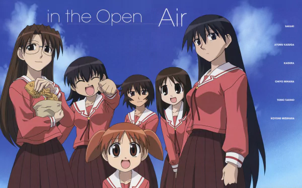 4K Ultra HD anime wallpaper featuring the main female characters from Azumanga Daioh standing together under a bright blue sky with the text in the Open Air.