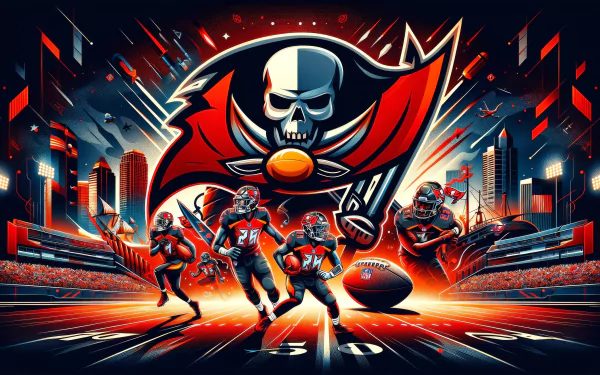 HD wallpaper featuring Tampa Bay Buccaneers theme with dynamic illustrations of football players in action, team logo, and Super Bowl-inspired artwork.