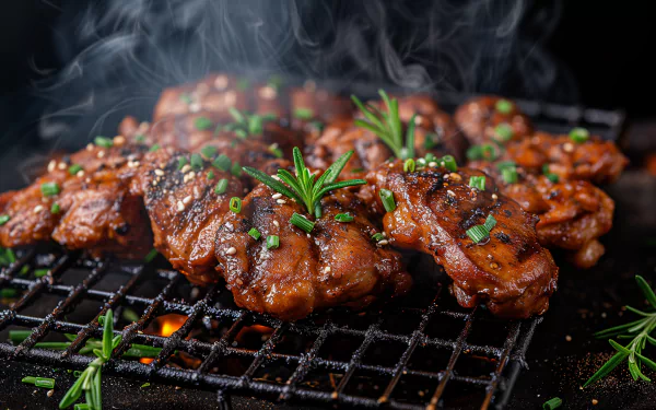 A close-up of juicy grilled chicken with herbs, sizzling on a barbecue grill, emitting flavorful smoke. This HD image makes a vibrant desktop wallpaper for BBQ enthusiasts.