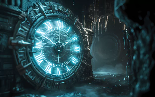 HD desktop wallpaper featuring a mystical clock with intricate gears immersed in a blue-lit, fantasy sci-fi environment.