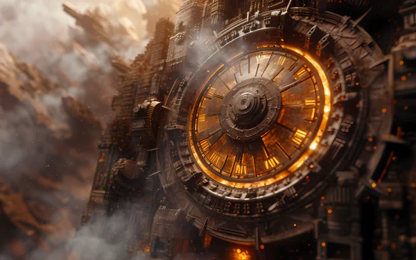 HD wallpaper featuring a fantastical clockwork city with a prominent, intricately designed central clock, set in a dynamic, sci-fi environment.