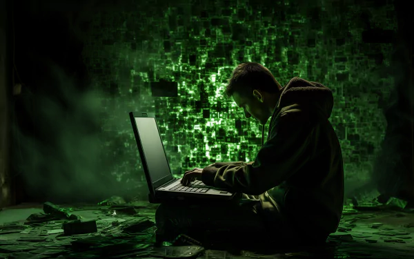Silhouette of a person with a hoodie hacking on a laptop with glowing green binary code on the screen, HD wallpaper for desktop background.